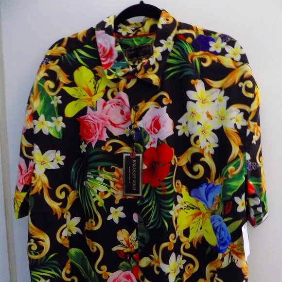 NEW Baroque Gold Floral Tropical Italian Designer Style Men Shirt Size XL - Picture 1 of 4